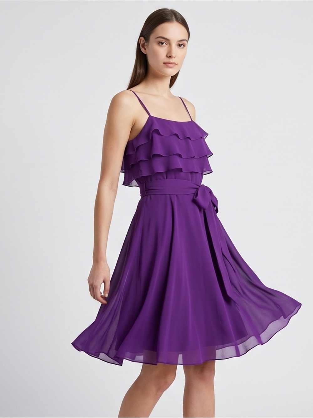 Eclipse Purple Ruffle Midi Dress with Waist Sash